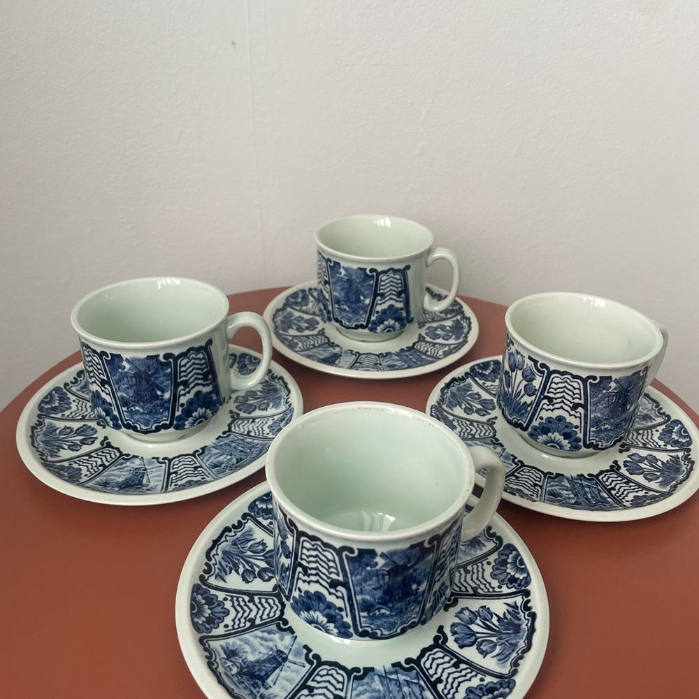 Belgian Delft Boch Old Dutch Blue & White Floral Coffee Teacups and Saucer Set - Picture 4 of 12
